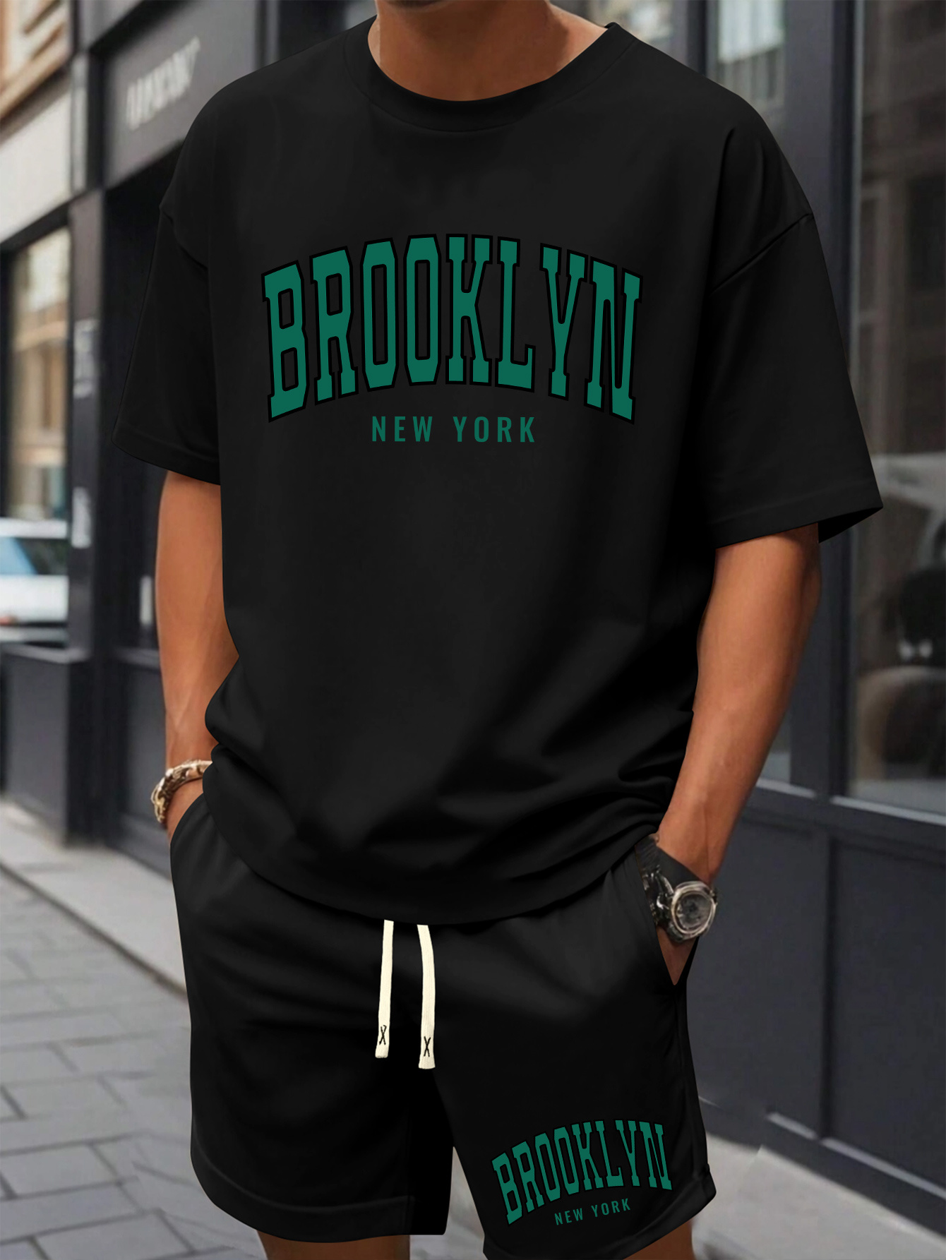 Men'S Brooklyn New York Print Cotton T-Shirt & Shorts Set - Casual Crew Neck, Short Sleeve, Loose Fit, Summer Outfit with Pockets, White with Green Lettering, Beachwear Clothing|Relaxed Fit Shorts|Pocketed Tshir