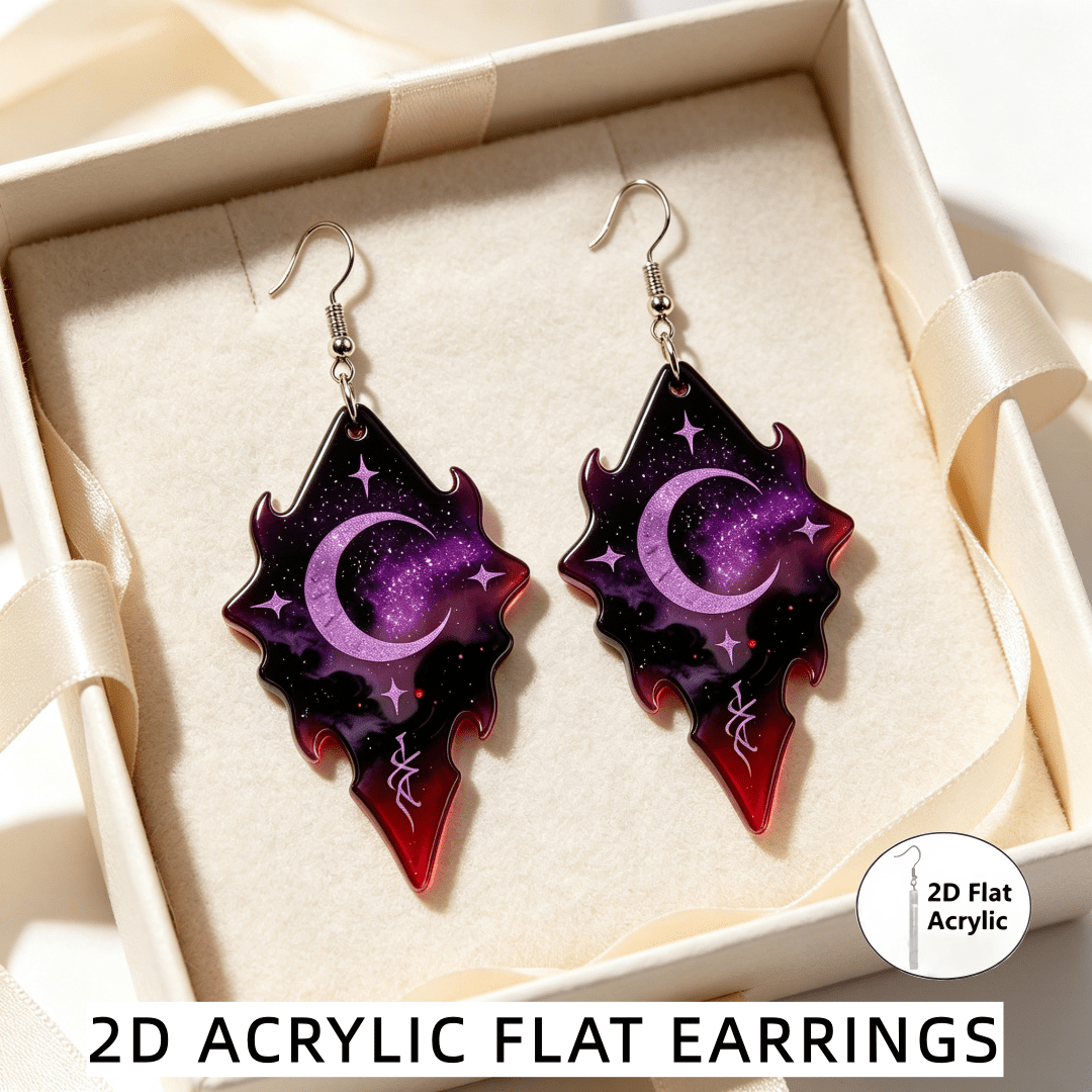 Gothic Crescent Moon & Star Dangle Earrings, Purple Galaxy
