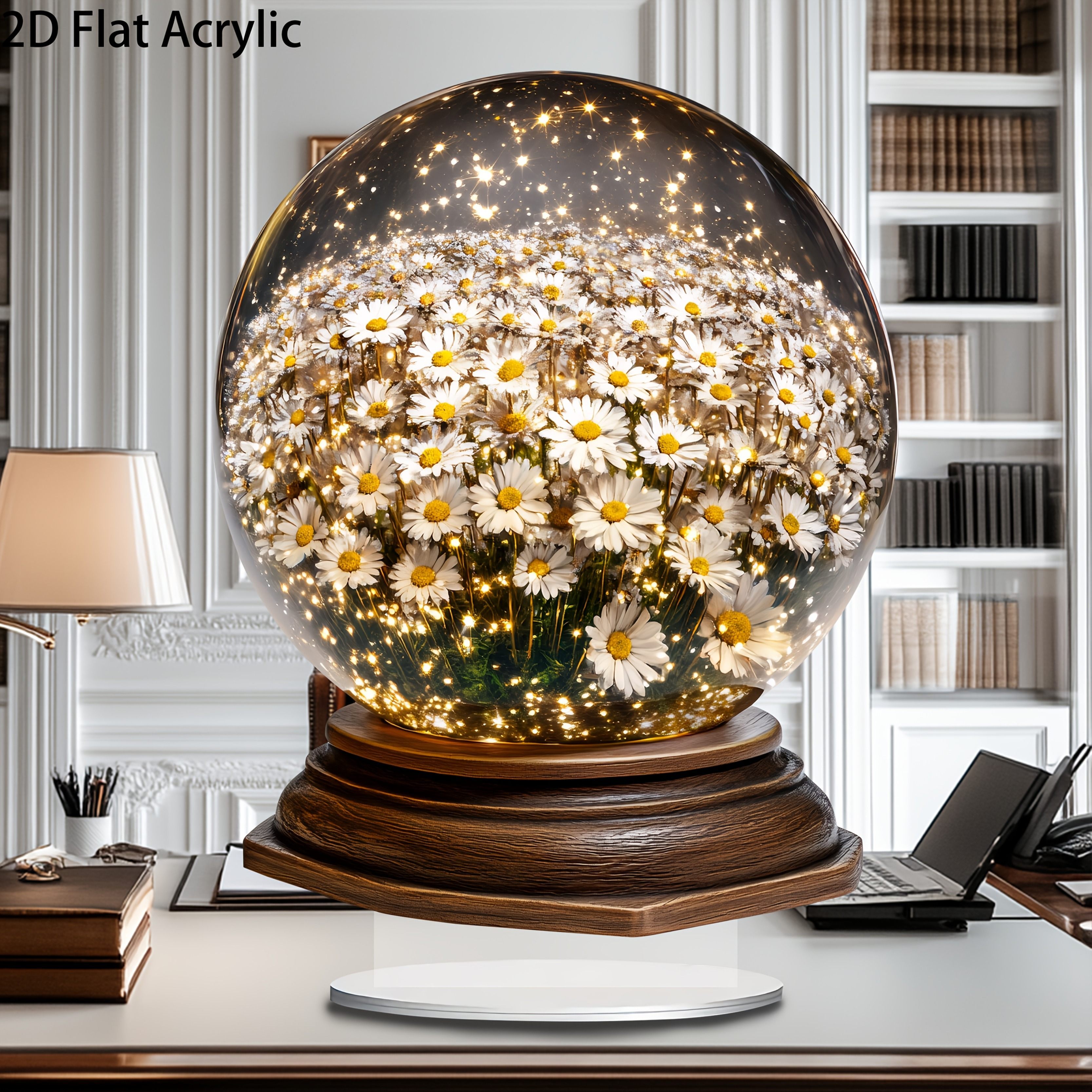 

1pc Chic Sunflower Snowball 2d Acrylic Sun With Wooden Base - Illuminated Desk Decor Crystal Ball, Christmas, Easter, 's Day, Valentine's Day & More - Ideal Gift For