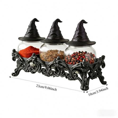 3pcs witch hat apothecary spice jars with gothic style base handcrafted vintage glass witch hat lid spice jars seasonings pepper salt apothecary jars spices jar set