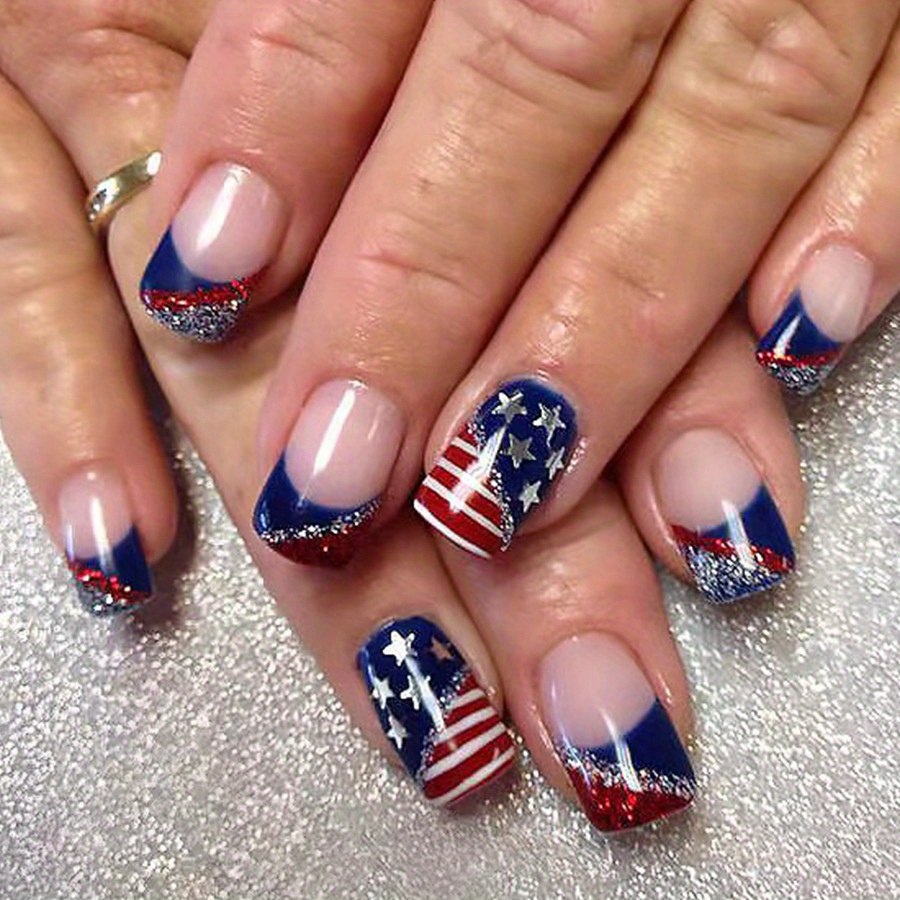 TEMU 72pcs 3boxs Short Glossy Red And Blue Glitter Stripes Wearable Nail Art -pointed Star