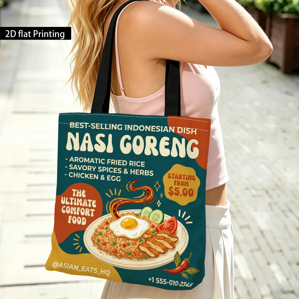 TEMU Indonesian Fried Rice Delicacy 2d Tote Bag - Machine Washable Light Beige Women's Beach Bag, Stylish Design, Durable Casual Shopping & Picnic