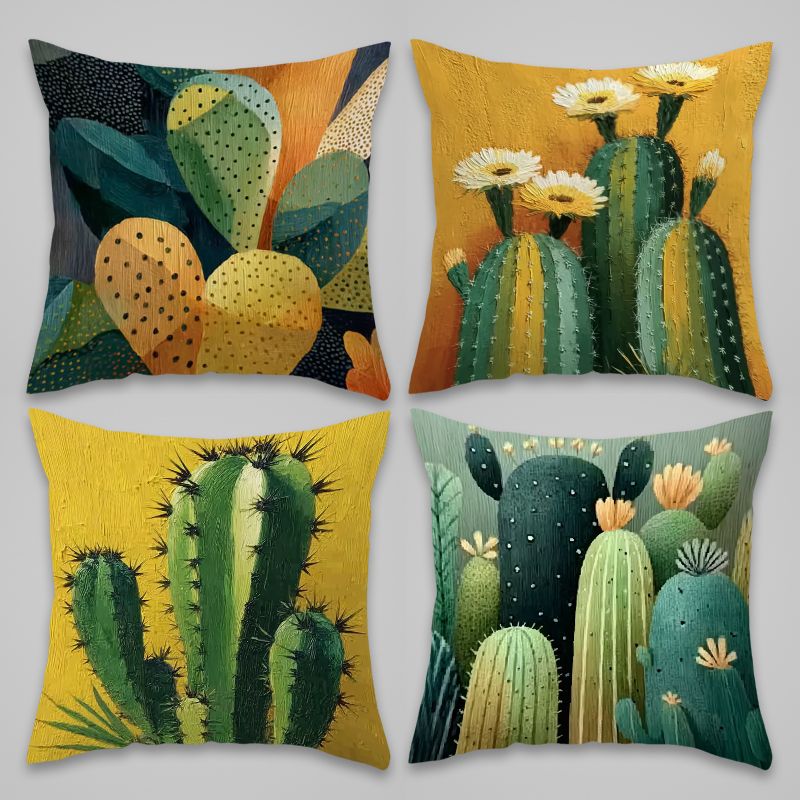 TEMU Set federe per cuscini gialle e in stile texture a pittura a olio di cactus, per decorare soggiorni, camere da letto, auto e spazi domestici.