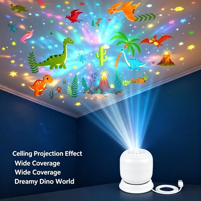 TEMU Lámpara de proyección de dinosaurios dinámica con luz nocturna y conexión USB, ajustable 360°, luz de proyección de dinosaurios para toda la