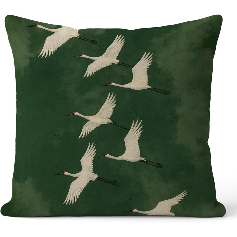 TEMU 1pc 2d Flat Printed Throw Pillow, Dark Green Background With Flying Crane Pattern, Cushion Cover, Suitable For Outdoor Courtyard Decor, Living