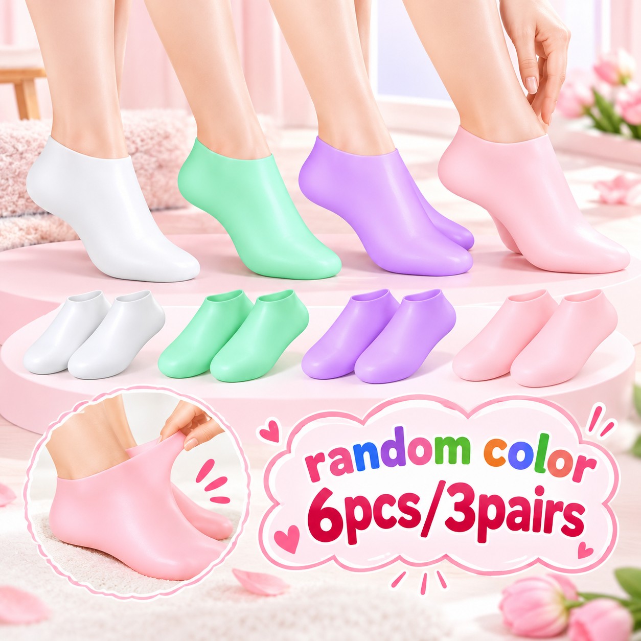 TEMU 6pcs Gkgu Random Women's Silicone Socks - Moisturizing Foot Care Socks, 3 Pairs Aloe Vera Gel Moisturizing Socks, Dry Cracked Foot Care Socks,