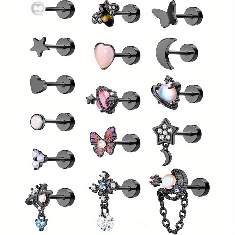 Image of 2d Flat - 16pcs Dangle Cartilage Earrings For Women Men Stainless Steel Tragus Earrings 16g And 20g Heart Cz Opal Flat Back Earrings Cartilage Tragus Conch Helix Daith Piercing Jewelry