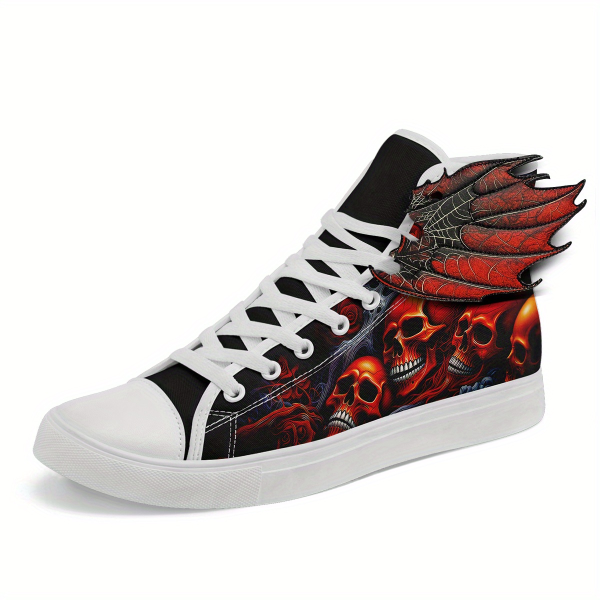 Men's Gothic Skull Wing High-Top Sneakers, 3D Wing Halloween Red Flame Skull Print Design Shoes, Spooky Horror Punk Streetwear Shoes