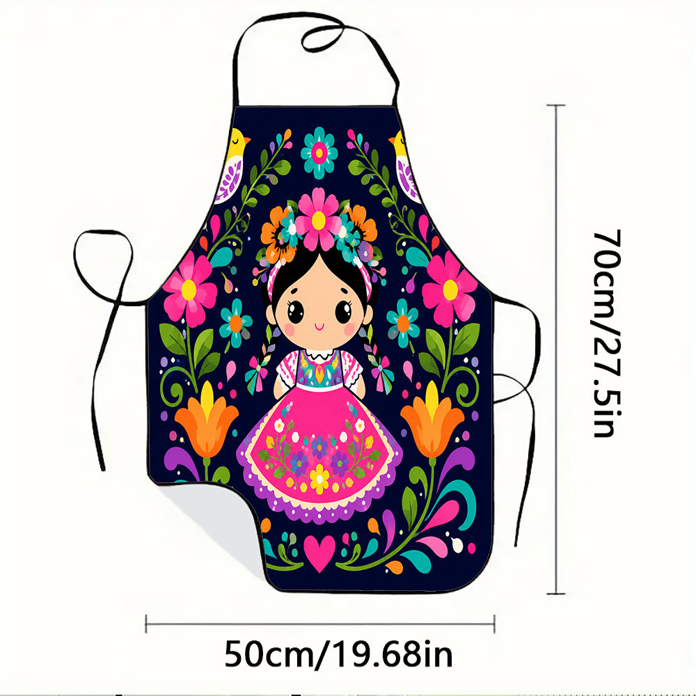 TEMU 1pc Mexican Doll Floral Printed Apron, Durable And With , Adjustable Waistband, Polyester Material, Ideal For Kitchen Cooking, Gardening,
