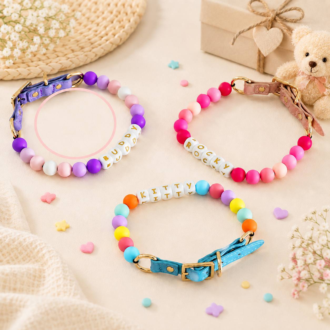 Custom Name Beaded Pet Collar with Adjustable PU Design