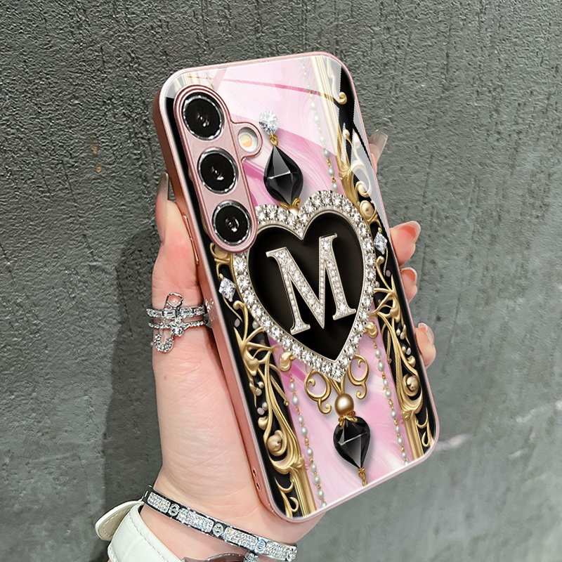 TEMU Phone Case: Light Luxury Gorgeous Gemstone Letter "m" Pattern Glass Phone Case, Suitable For Galaxy