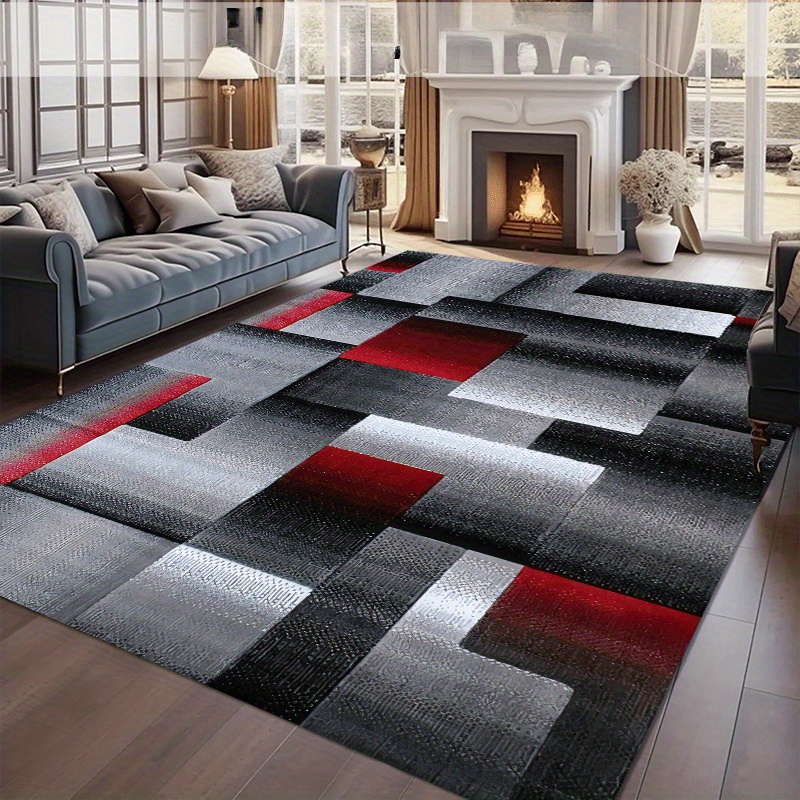 TEMU Large Geometric Nordic Style Area Mat - Non-slip, Machine Washable, Soft, Black/grey/red/white Pattern, Living Room, Bedroom, Or Game Room
