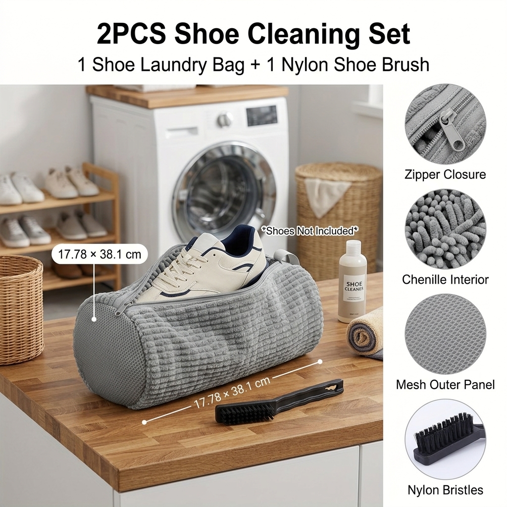 TEMU 2pcs Gray Shoe And Laundry Bag Set, Includes 1 Shoe Laundry Bag (17.78Ã38.1cm)   1 Nylon Shoe Brush, For Sneakers, Casual Shoes, And Canvas
