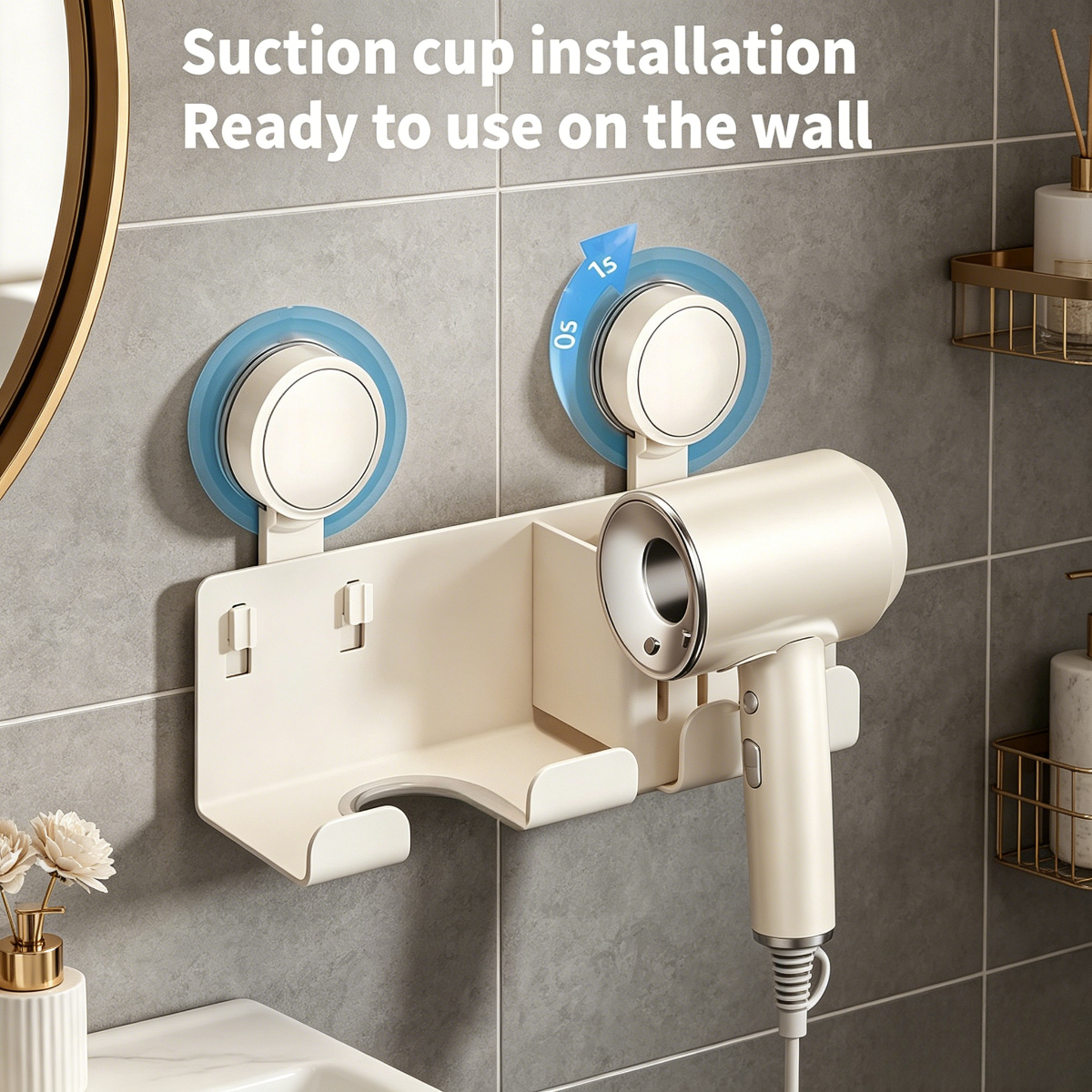 Image of No Drill Self-adhesive Wall Mounted Hair Dryer Holder, Space- Bathroom Storage Organiser, Multipurpose Rack For Hair Dryer, Combs, Brushes And Hair Styling Tools, Shelves