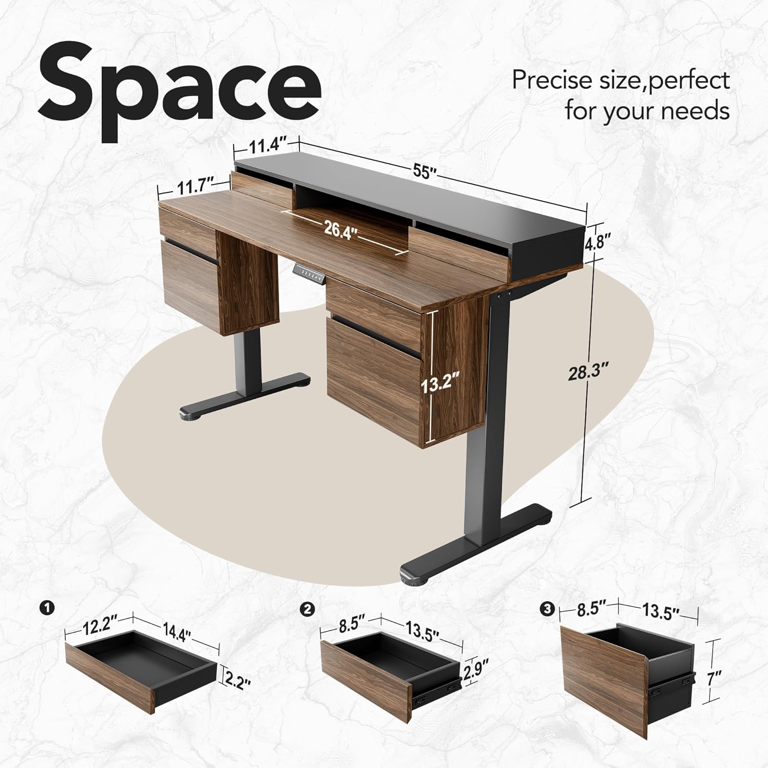 Standing Desk with 6 Drawers, 55 Inch Electric Height Adjustable Stand Up Desk with Storage, Computer Home Office Workstation with Monitor Stand, Electric Height Adjustable Desk