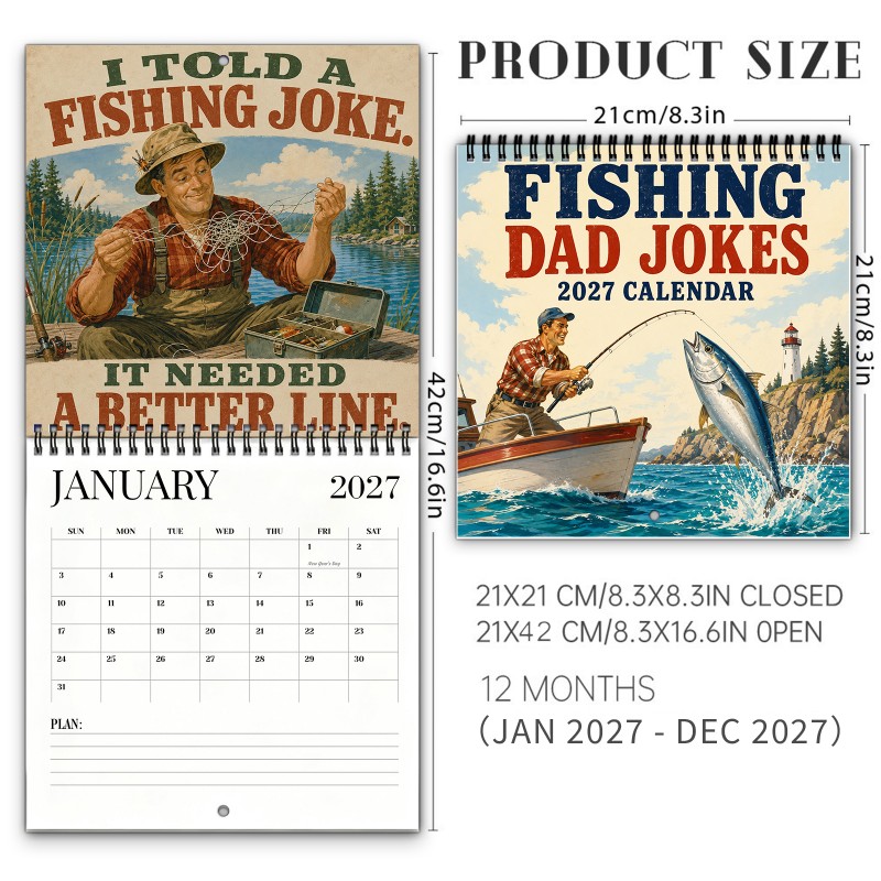 TEMU 2027 Fishing Dad Jokes Wall Calendar - Spiral-bound Monthly Planner With Thick Paper Suitable For Fishing Gifts, Marked Holidays, & Trout - For,