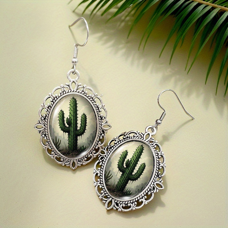 Cactus Plant Retro Oval Dangle Earrings