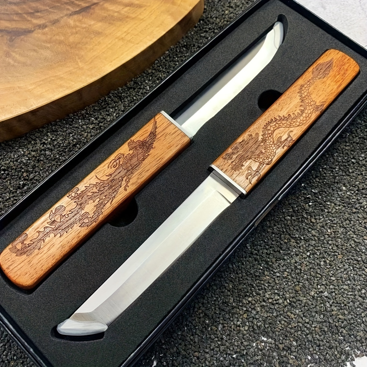 TEMU 1pc, Red Sandalwood Dragon And Phoenix Double Knife, Used For Cutting Meat, Fruit And Other Food, Light Blade, Comfortable And Beautiful, Wooden