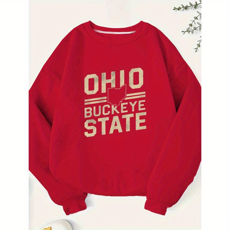 

Ohio State Sweatshirt, Crew Neck Casual Sweatshirt For Fall & Spring, Women's Clothing