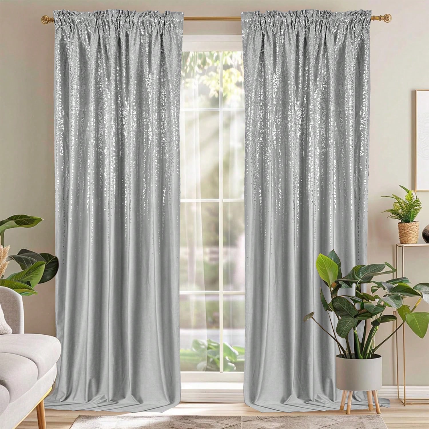 1pc High-quality Luxury Decorative Curtains With Shiny Golden And Silvery Glitter Patterns, Suitable For Living Room, Bedroom, Kitchen, Stylish Decor