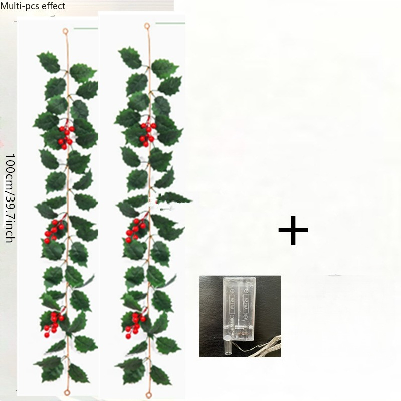 TEMU 2pcs 100cm Vine +1pc 300cm String Lights/set Artificial Holly Wreath String Lights, With Red Ornaments, Battery Powered, Suitable For Indoor