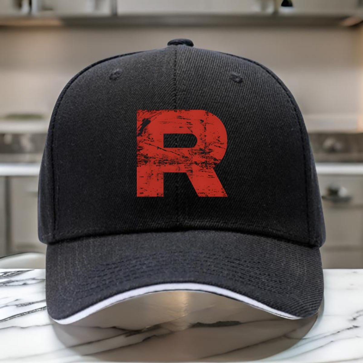 TEMU 1pc Adjustable Baseball With Red 'r' Logo Breathable Black Polyester Unisex Hat For Outdoor Casual Wear, Machine Washable, Sporty , Leisure |