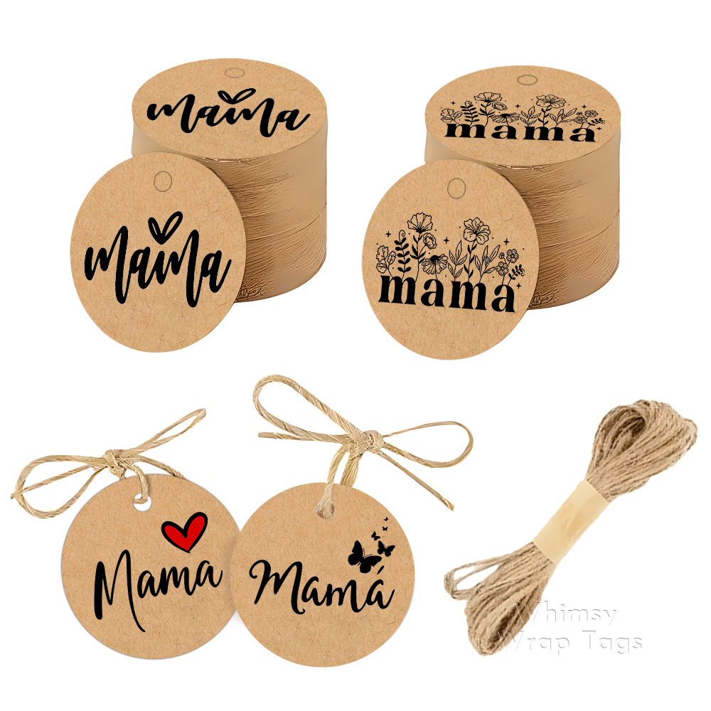 E-shop 108 Stk. Kraftpapier-Anhänger mit Schnur – Etiketten mit „Mama“-Schriftzug & floralen Herzen, geeignet für Geschenkverpackungen,