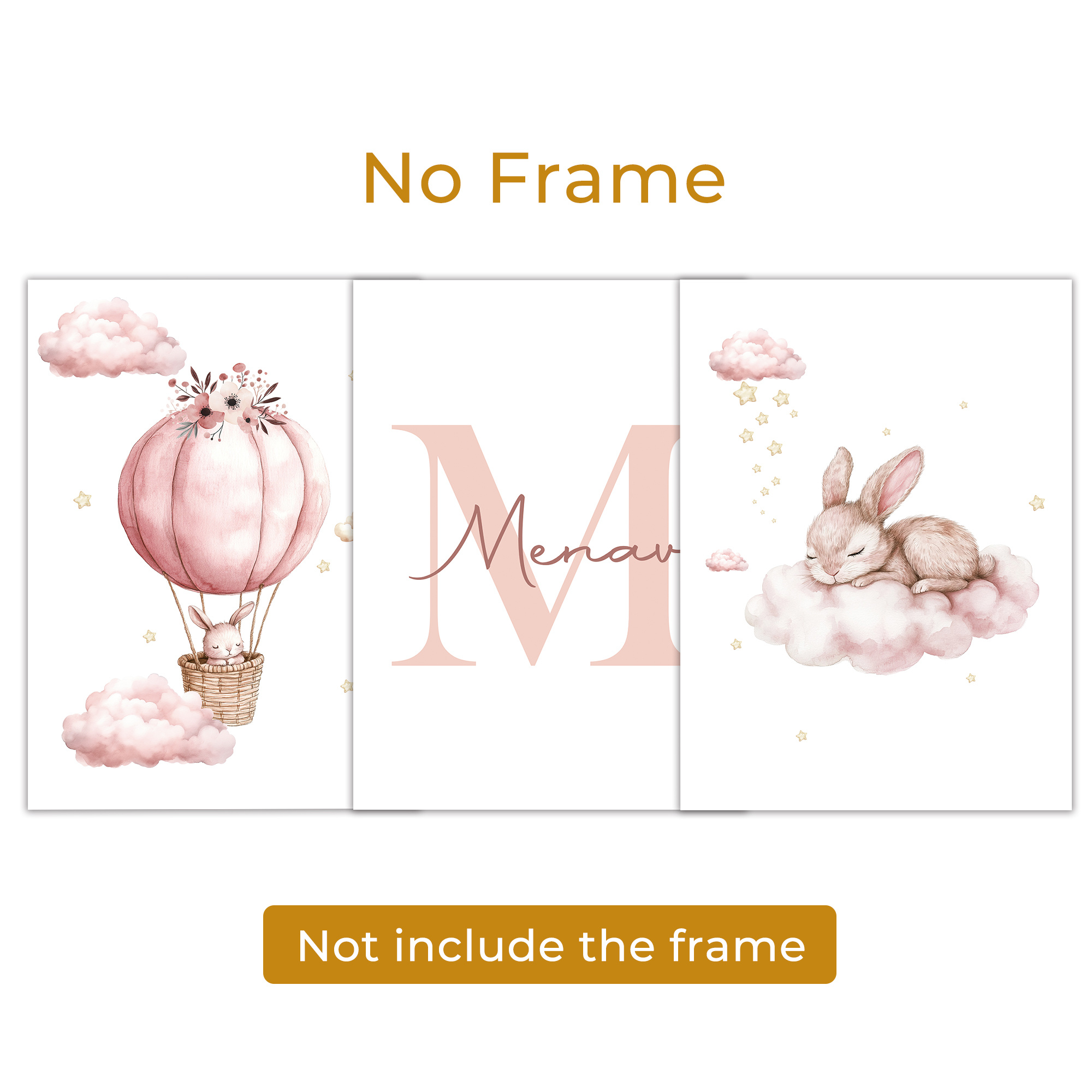 E-shop 2D Flach, 2D Flach, Benutzerdefinierte 3-teilige personalisierte Hasen Tier Namens Leinwand Wandkunst, mit individuellen Namen, Rosa Hasen