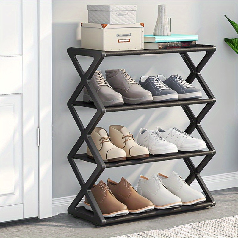 TEMU 1pc 4-layer Folding Shoe Rack, Black Metal And Plastic, Retro Style, Space-saving Storage Rack, Can Hold 12 Pairs Of Shoes, No Electricity