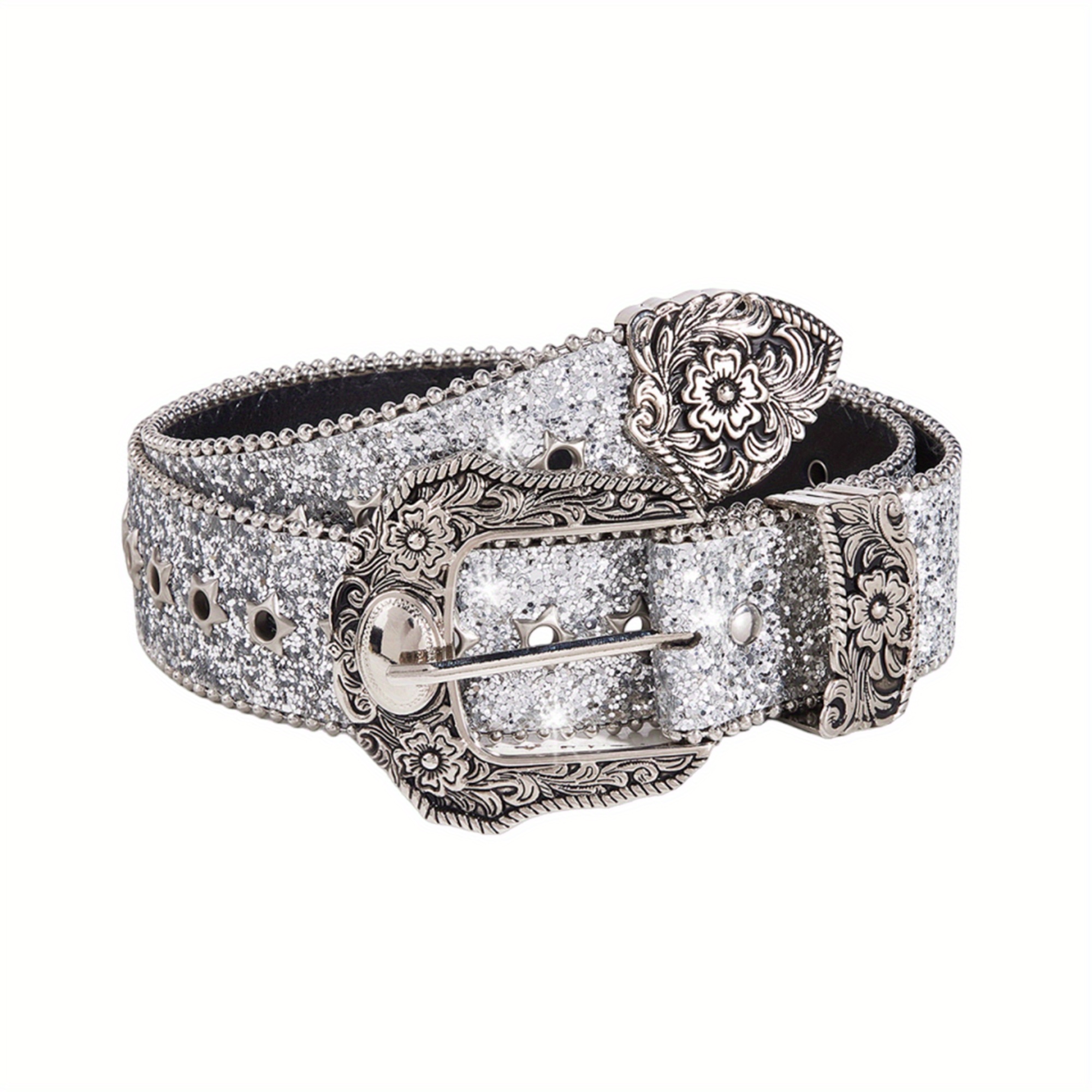 glitter belt women belt western cowgirl belt sparkly floral - Temu