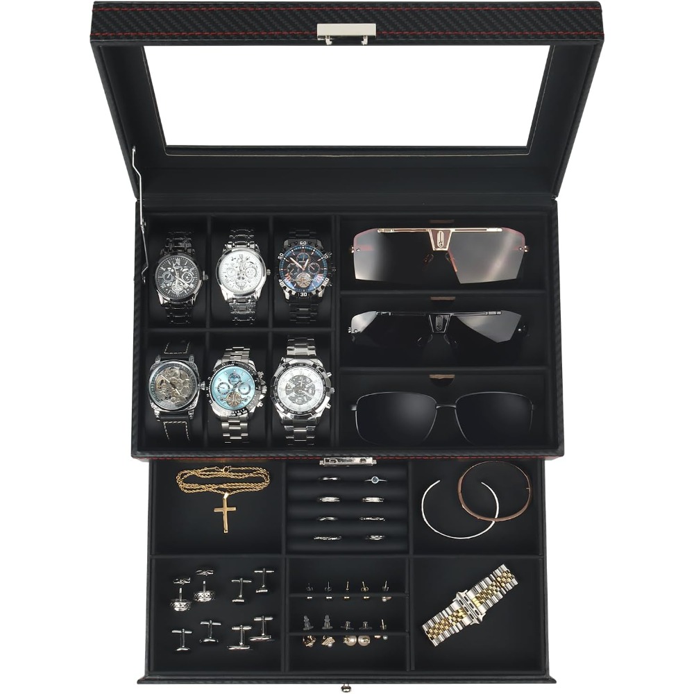TEMU Boîte de rangement à bijoux en cuir et fibre de à double couche, 6 compartiments pour montres et 3 compartiments pour lunettes, boîtes à bijoux