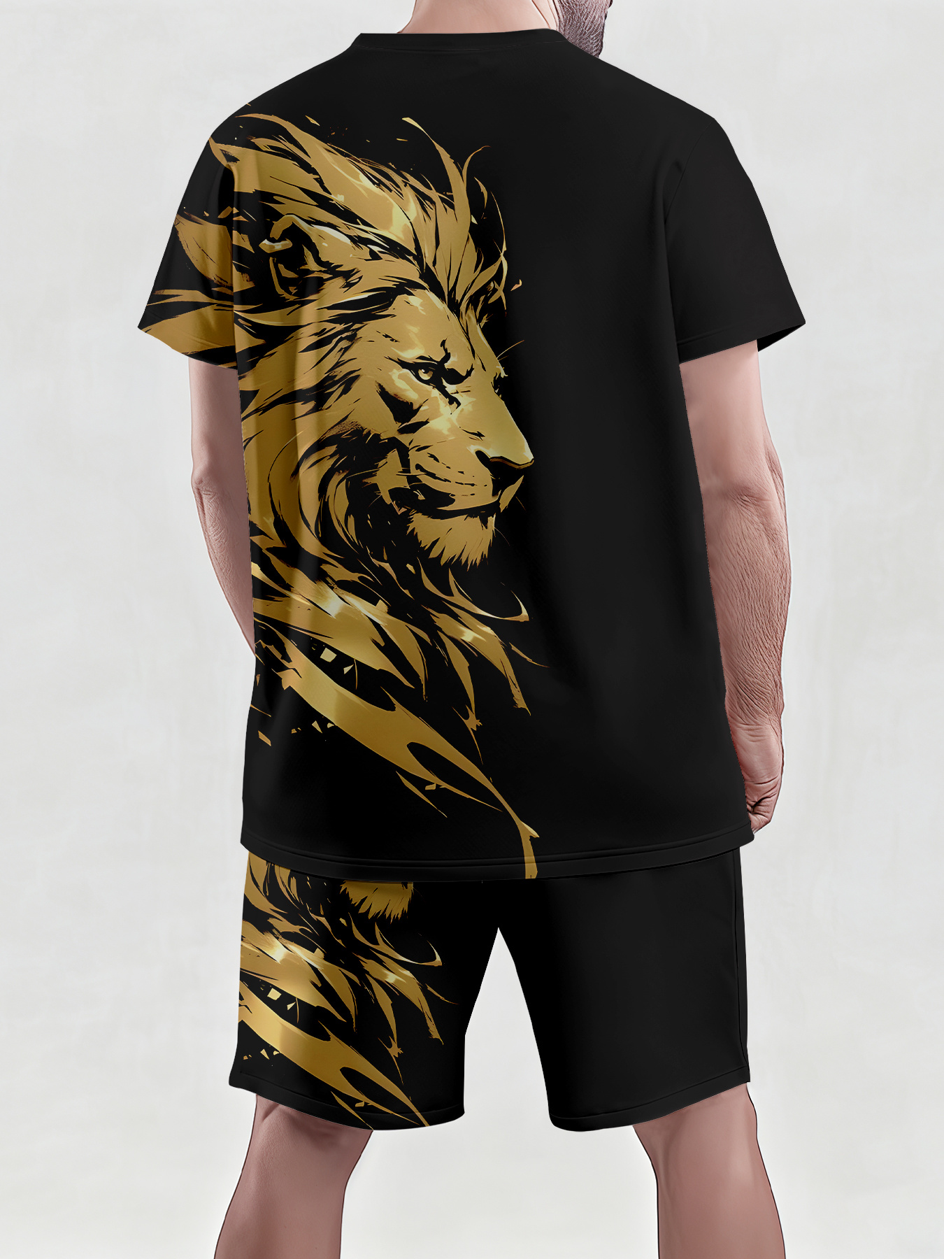 Ensemble Homme Imprimé Lion 3D Noir & Doré Ensemble Homme à Manches Courtes et Col Rond avec Impression Numérique 3D, Motif Lion Noir et Doré - Lot de 2 Pièces, Idéal pour Afficher l