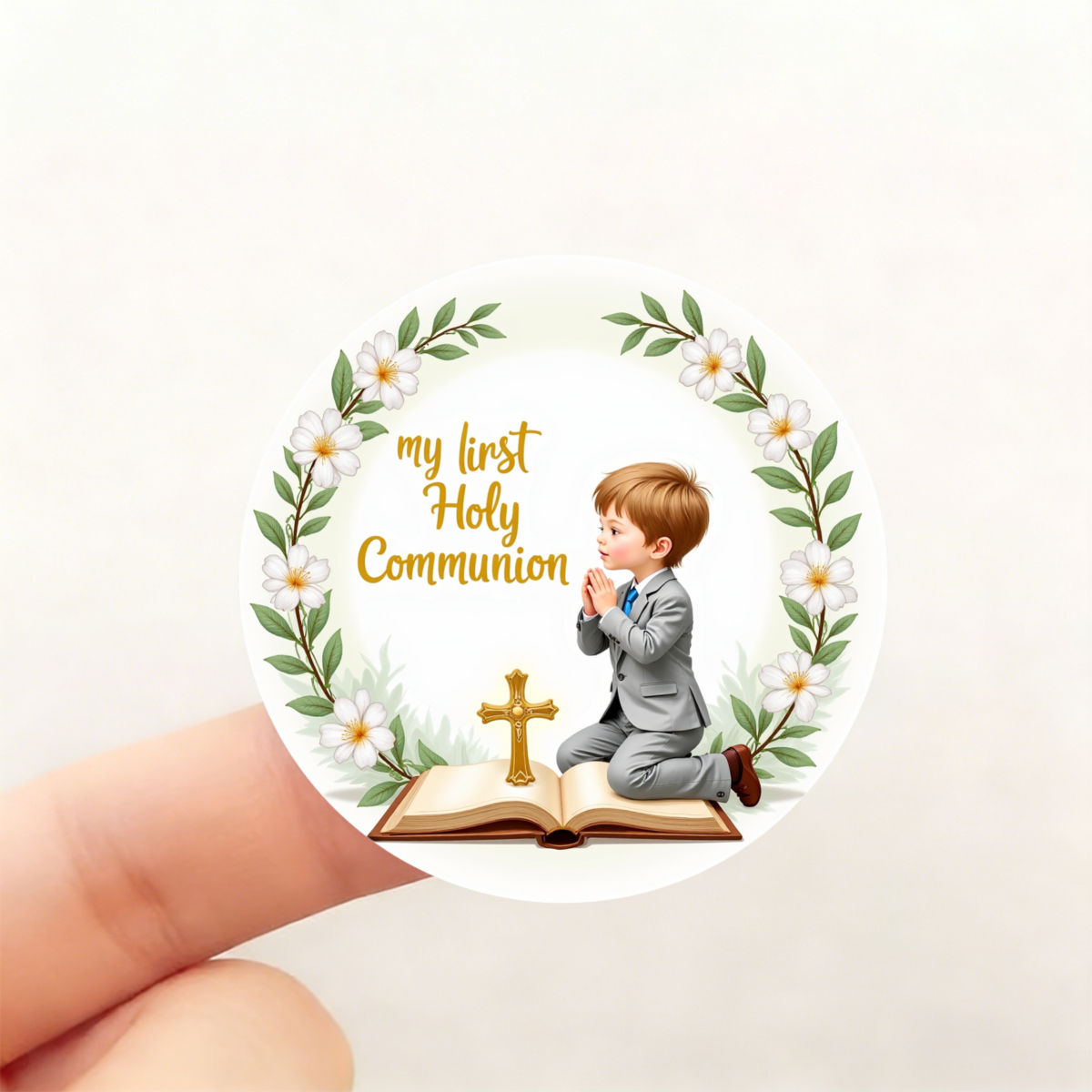 24pcs 48pcs stickers   holy communion boy in gray suit with cross and bible floral wreath design for religious celebration church event party favor gift decorations