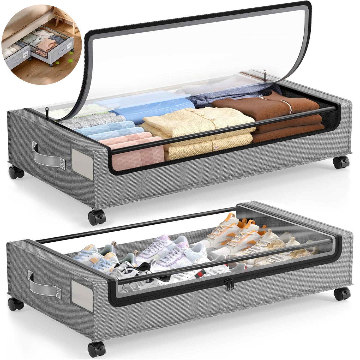 Image of 360° Caster Storage Boxes 2 Pack, 20kg Capacity For Clothes Bedding Shoes Organizing, Under-bed Storage
