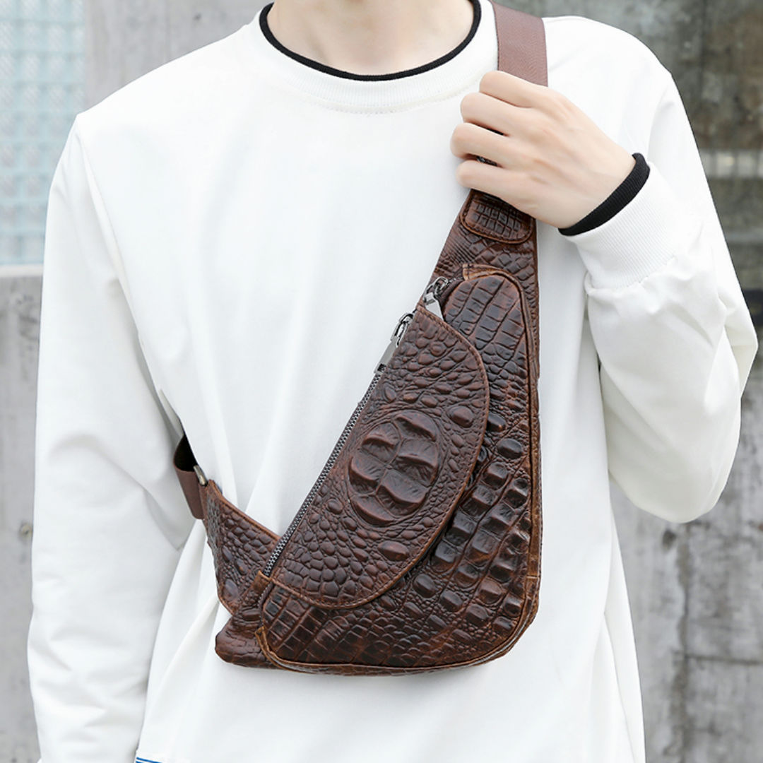 Image of Wixzor Men's Genuine Leather Sling Bag, Crocodile Pattern Crossbody Chest Bag With Multi-pockets, Retro Casual Shoulder Backpack For Travel Work Daily Use