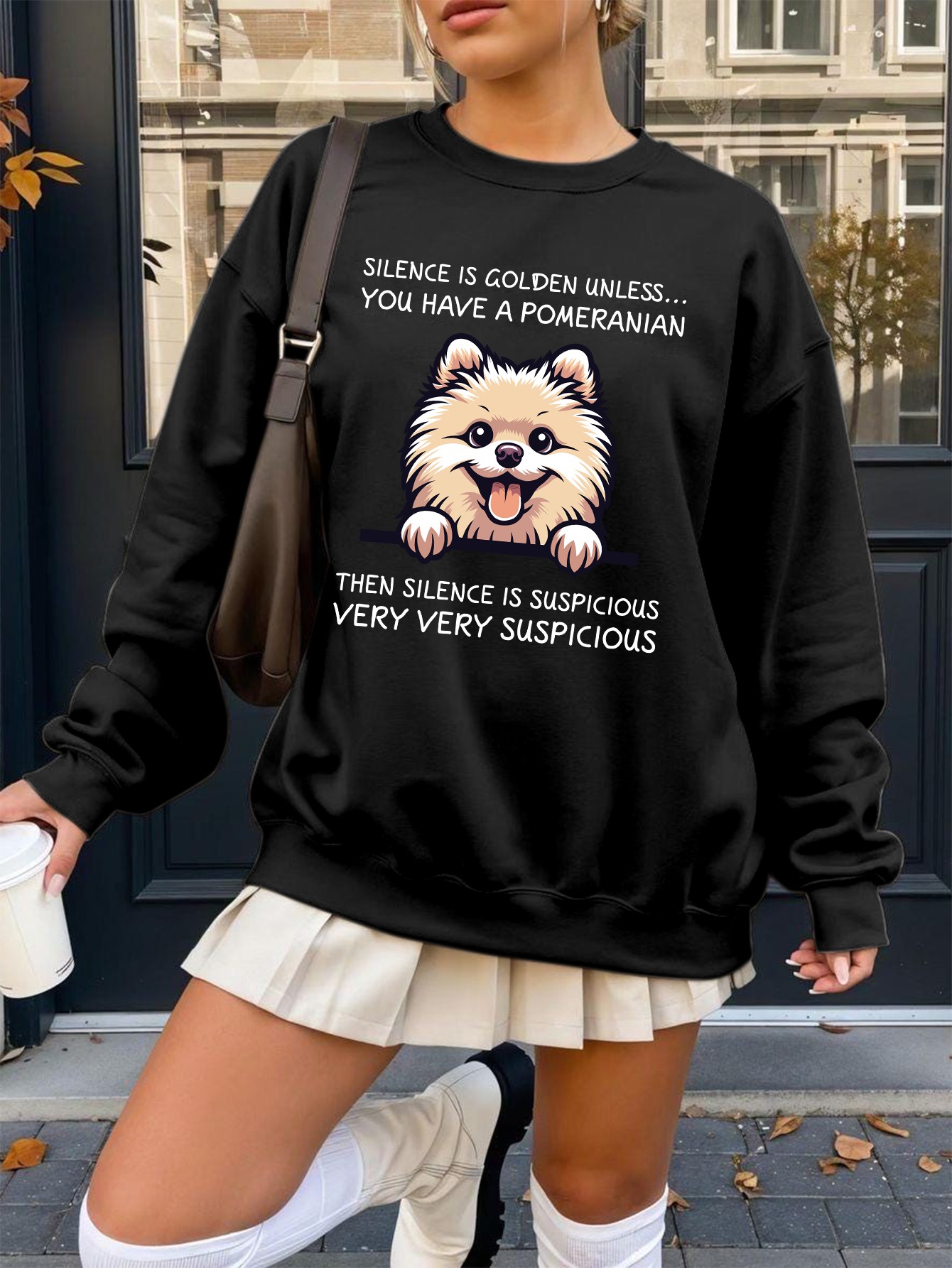 ladies cute for pomeranian sweater   is golden     a for pomeranian   window print for pomeranian   crew neck jumper long sleeve   ideal gift for dog owners