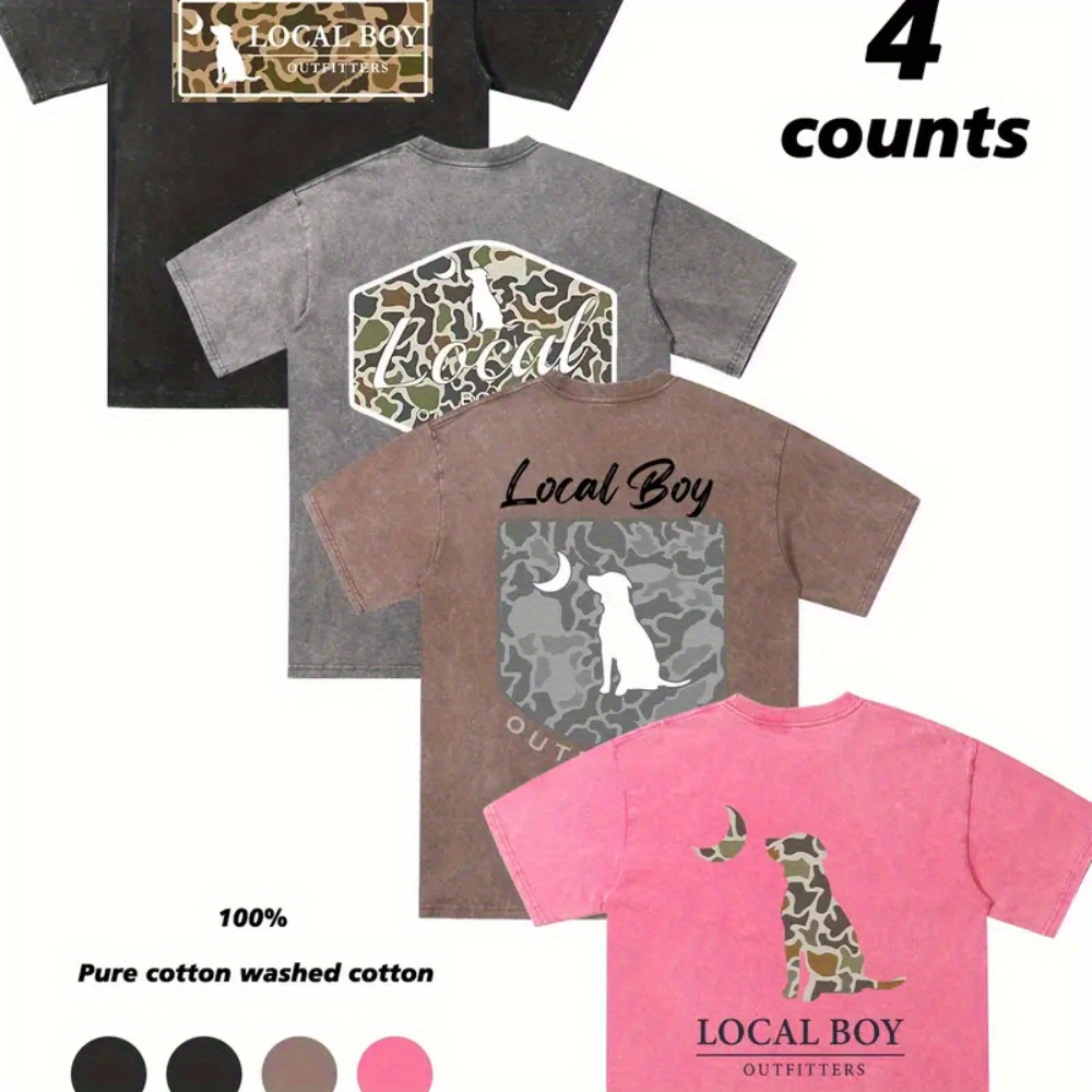 4-Pack Local Boy Fashion Clothing Personality Combination Washed Vintage Dyed 100% Cotton Men'S T-Shirt Round Neck Short Sleeve Street Wear Batik Style Can Be Used As a Gift