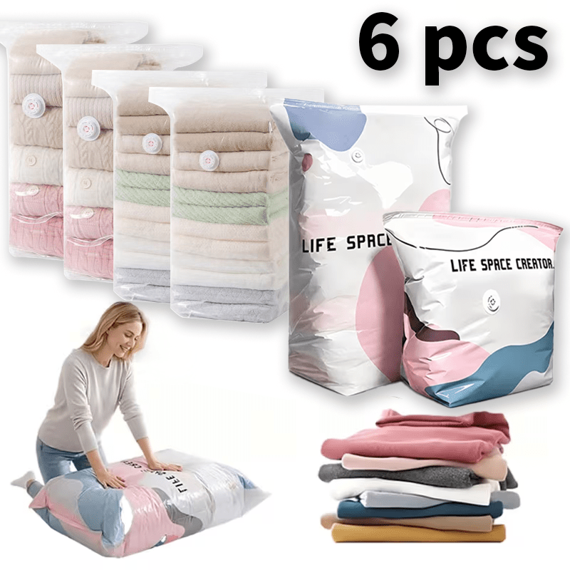 6pcs Set Of Heavy-duty Air-free Vacuum Storage Bags, Space- Compression Bags, Suitable For Clothing, Blankets, Travel, Moving, Emergency Storage