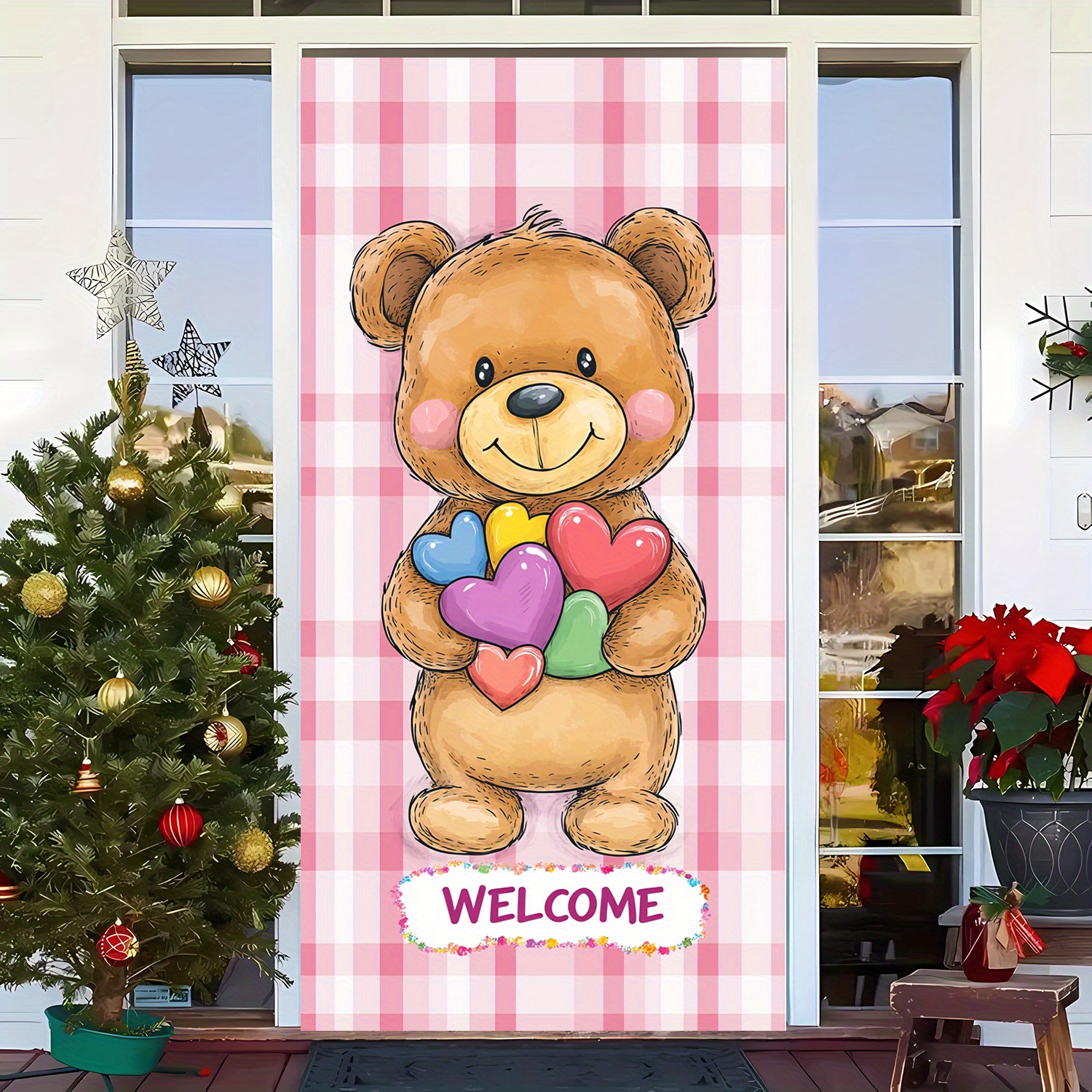 

2d Door Banner 1pc Valentine's Day Polyester Door Banner - Teddy Bear With Hearts Design, 35.4 X Inch, No Power Needed, Indoor/outdoor Welcome Decoration