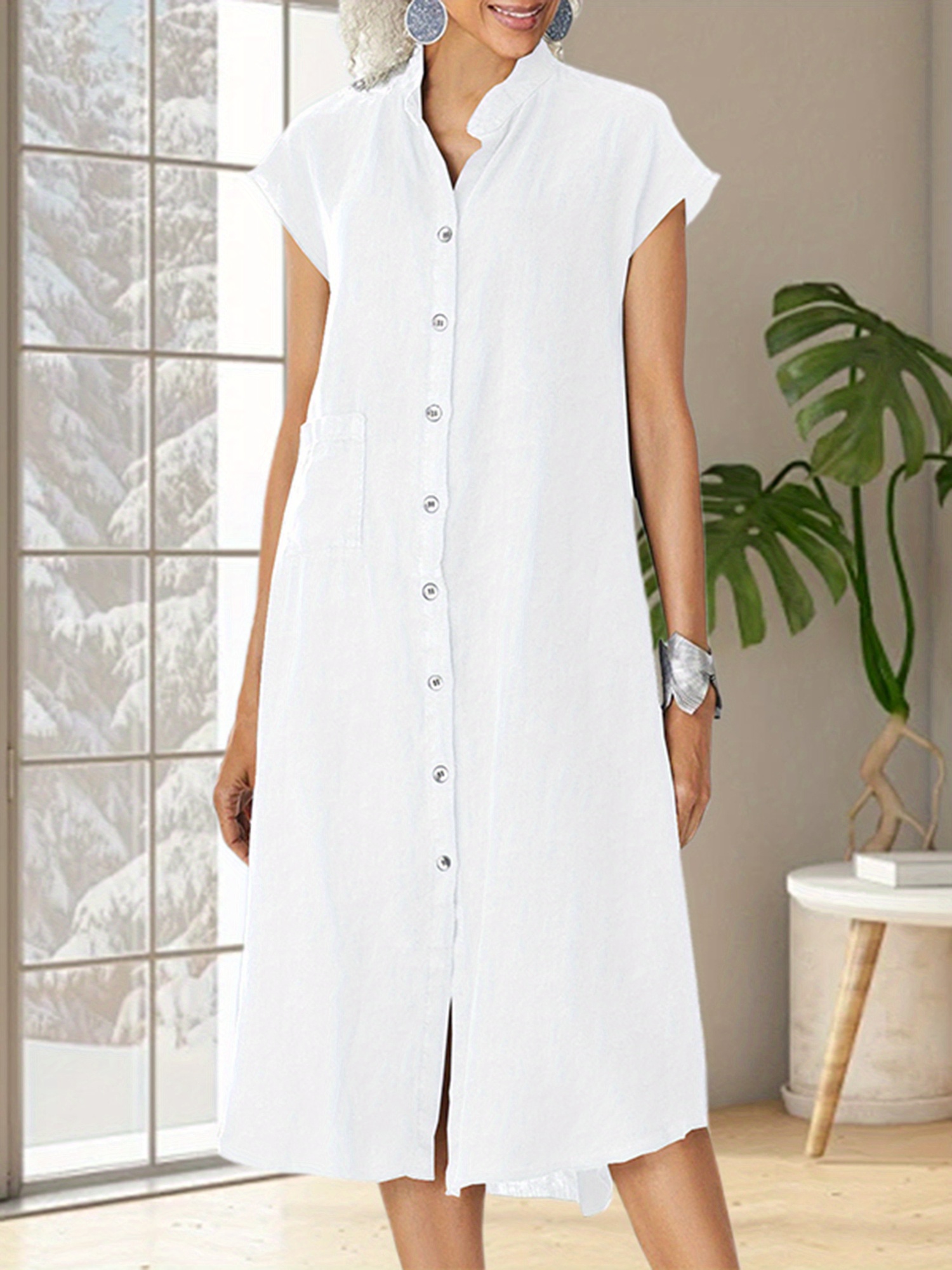womens white solid linen a line dress cap sleeves short - Temu