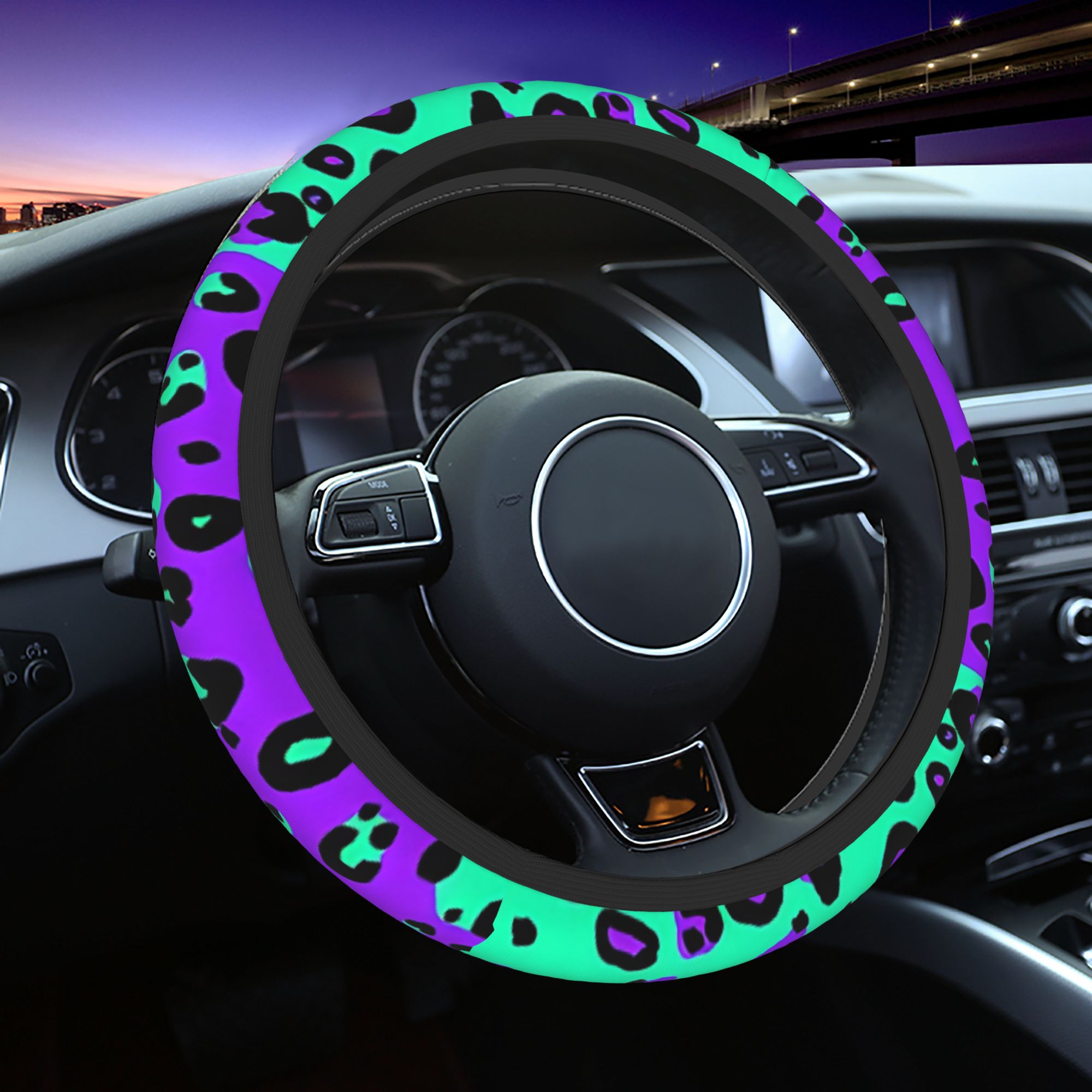 TEMU 1pc Electric Split Leopard Print (purple And Teal) Steering Wheel Cover Decorative Steering Suitable For Car Interior Accessories Perfect For