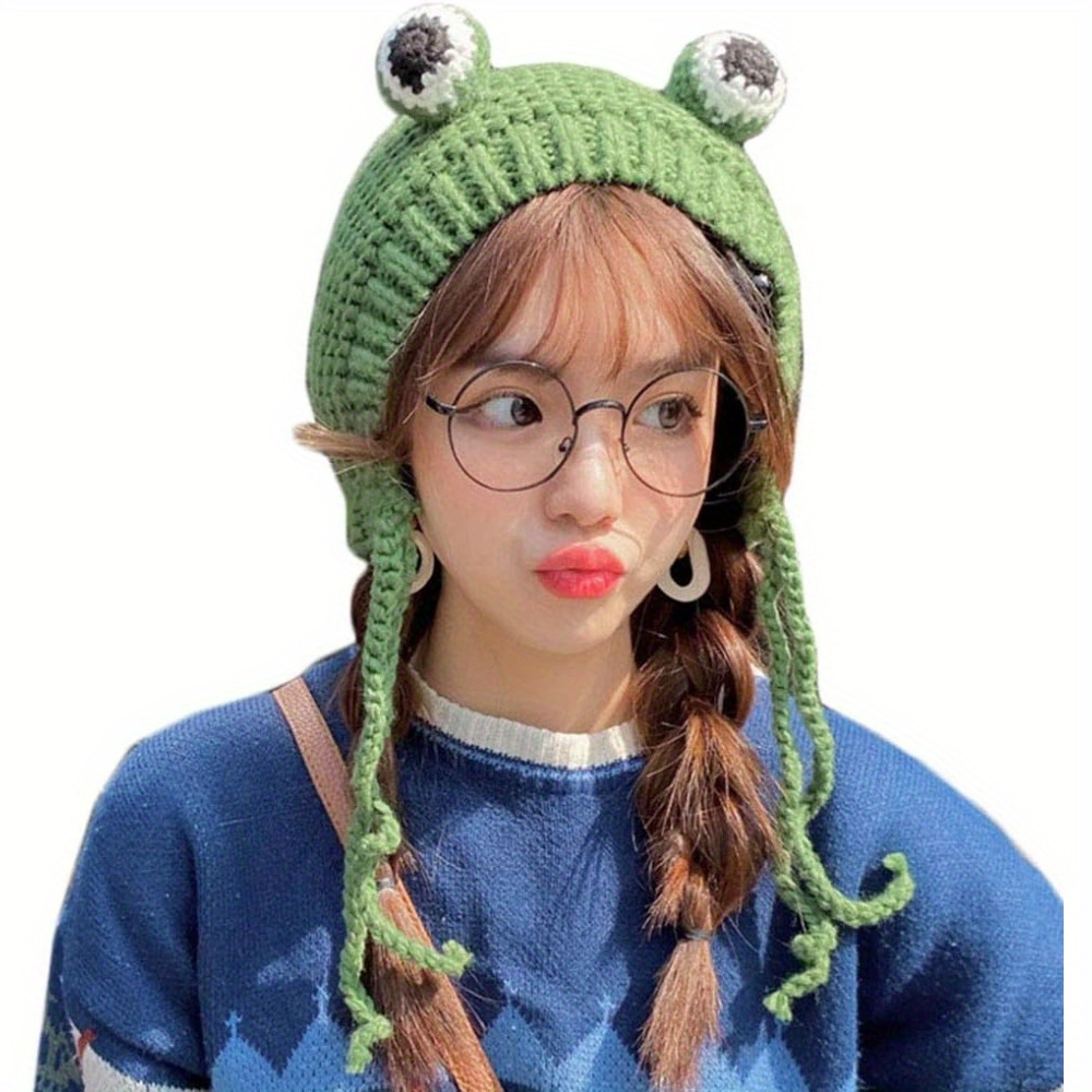 

Frog-themed Crochet Knit Beanie For Women & Girls - Stretchy, Lightweight Winter Hat With Cute Big Eyes & Earflaps, Machine Washable, Valentine's Day