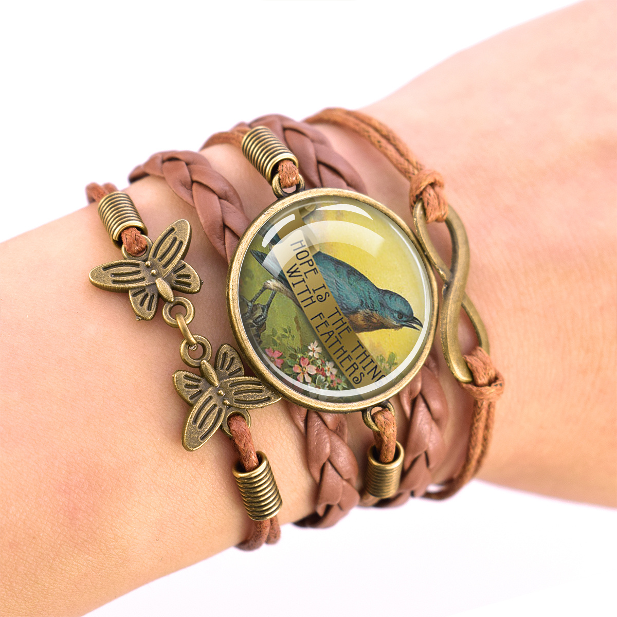 Adjustable Vintage Brown Bracelet with Dome Glass Inlay