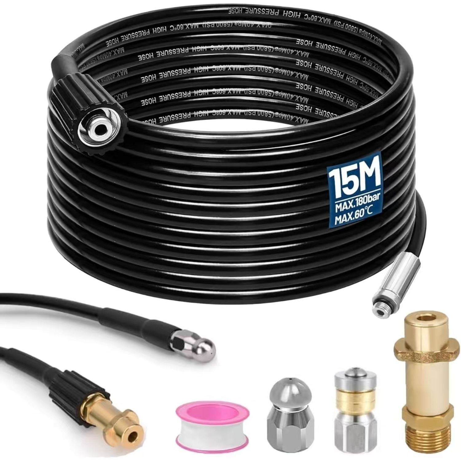 Image of 15m Pipe Cleaning Hoses; Pipe Cleaning Kit Including 1 Adapters And 2 Rotating Nozzles; 1200-1750 Psi; Max. 40 Mpa, Universal High-pressure Washer Drain Pipe Cleaning Kit; High-pressure Hoses