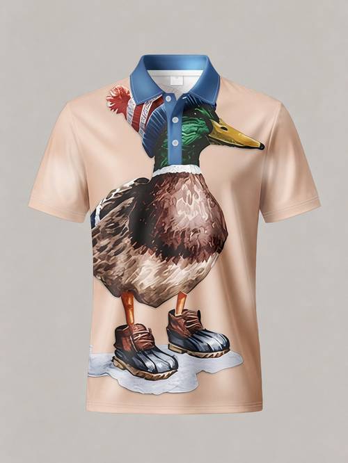 mens short sleeve shirt with flat texture headed duck wearing a hat and shoes print stylish and minimalist short sleeve with buttons casual lapel shirt fashionable and versatile suitable for dates