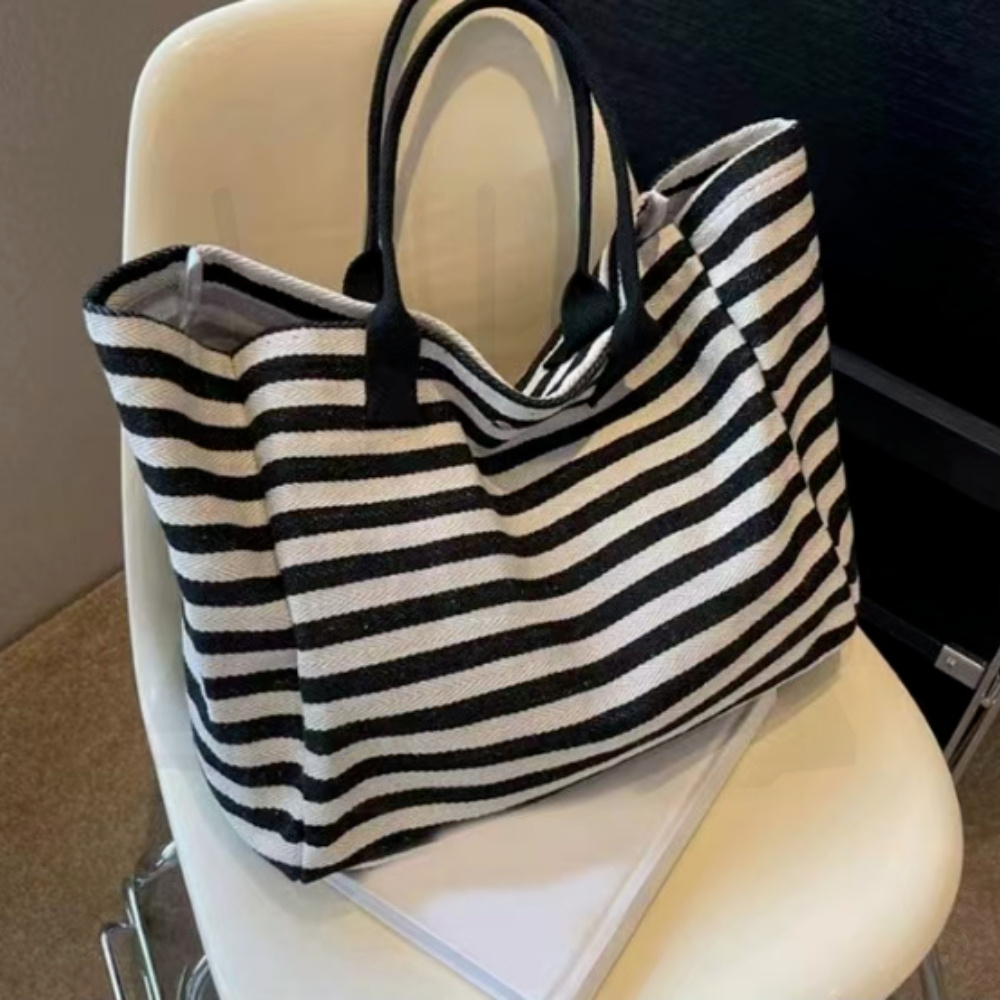 

1pc Women's Striped Canvas Tote Bag - Hand Washable Shoulder Bag With Closure, Spacious Unlined Interior, Use