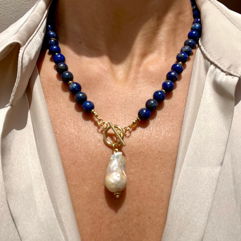 TEMU Collier Bohème et Baroque de Perles en Naturelle - Perles en Bleu Foncé avec Pendentif Baroque, Chaîne Col Adaptée , aux Fêtes, Cadeau Élégant