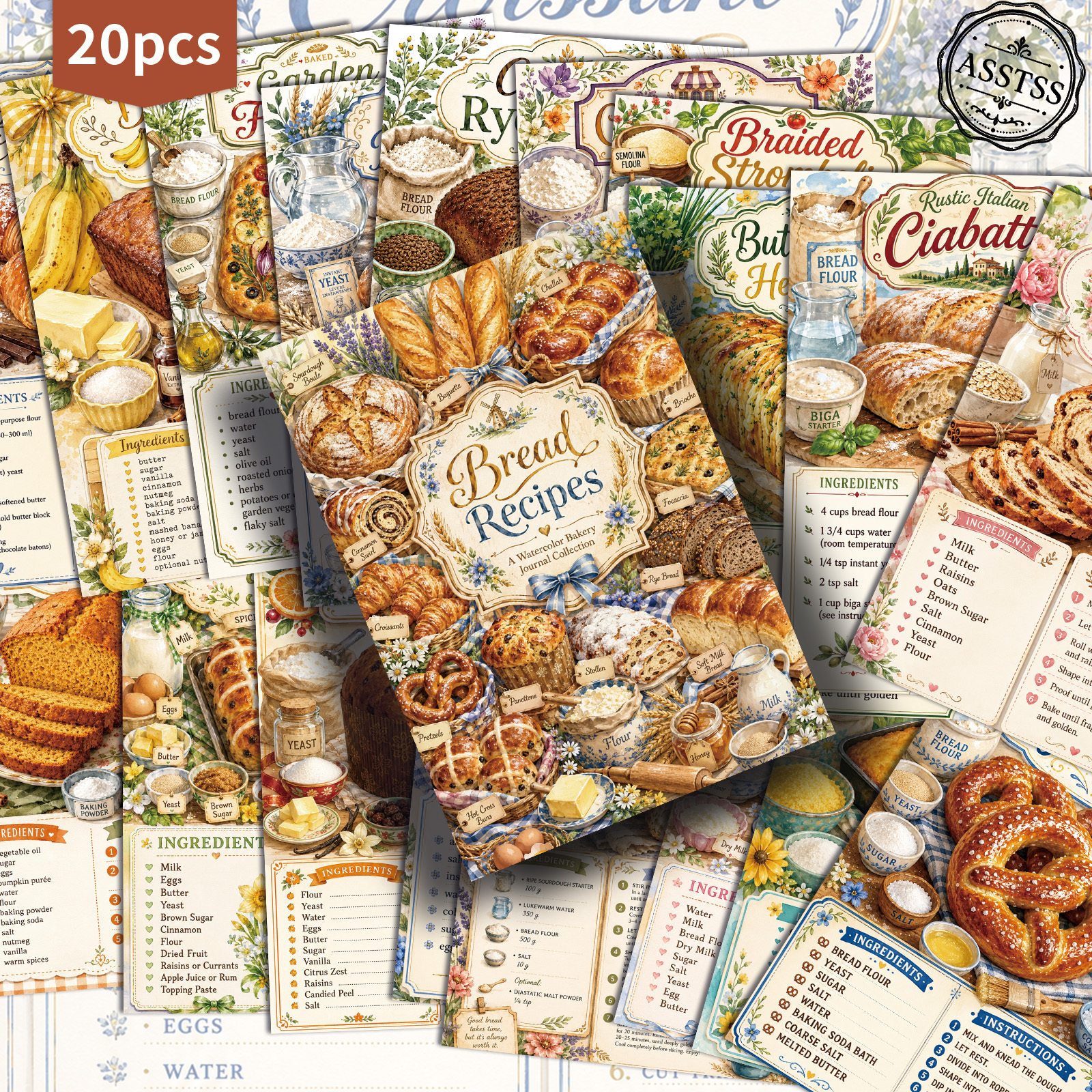 TEMU 20-pack Asstss Vintage Bread Recipe Postcards - 4x6 Inches Retro Junk Journal Supplies, Classic Pinup Illustrations Collectible Decorative