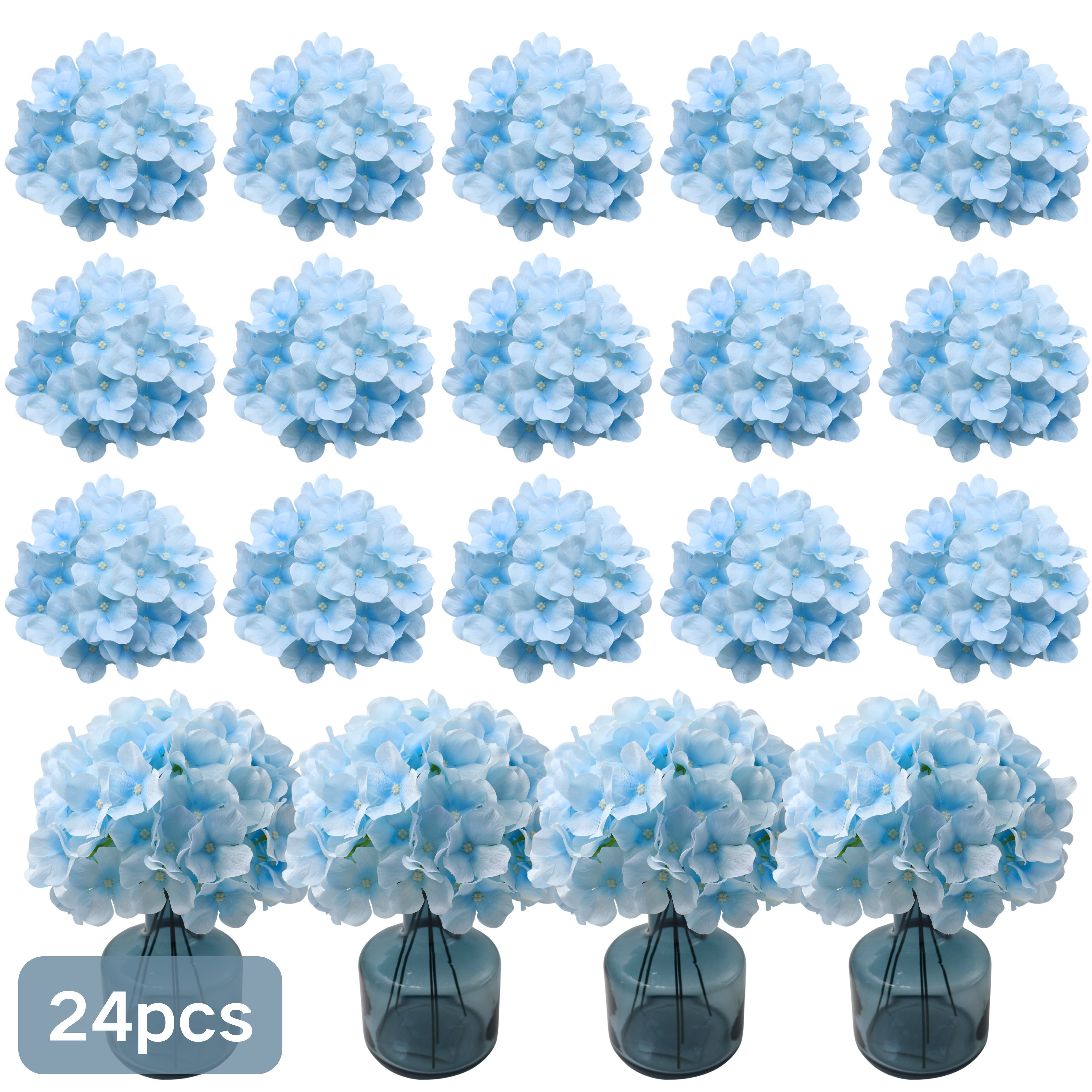 E-shop Set mit 24 künstlichen hellblauen Hortensien, für elegante Wohnkultur und als Geschenk für Hochzeiten oder Valentinstag (inklusive Draht)