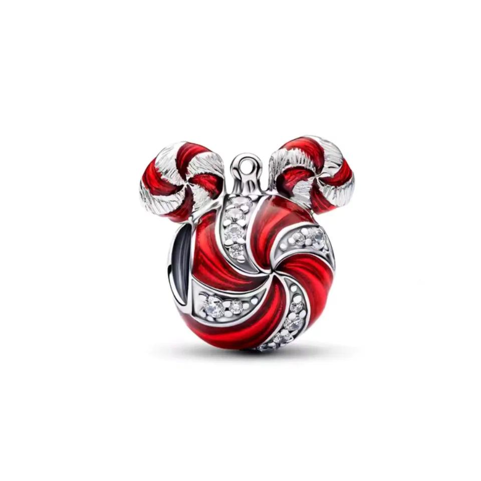 TEMU 2026 925 Sterling Silver Christmas Candy Cane Charm Beads Diy Bracelet Necklace Keychain Women's Fine Jewelry Christmas Party Gift
